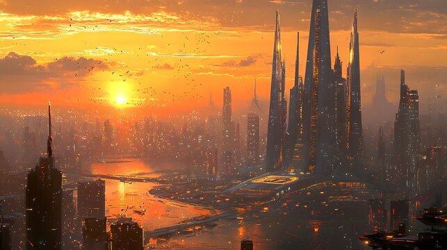 88. A futuristic cityscape at sunset, where simple yet elegant structures create a calming effect.