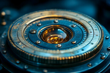 Close-up of a vintage camera lens, showcasing intricate details and metallic texture