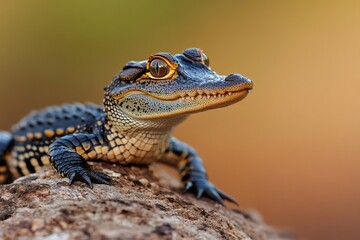 Baby alligator resting on a rock in nature