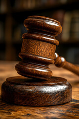 Close-up of a wooden gavel on a sound block, positioned on a dark wooden surface with a blurred bookshelves background