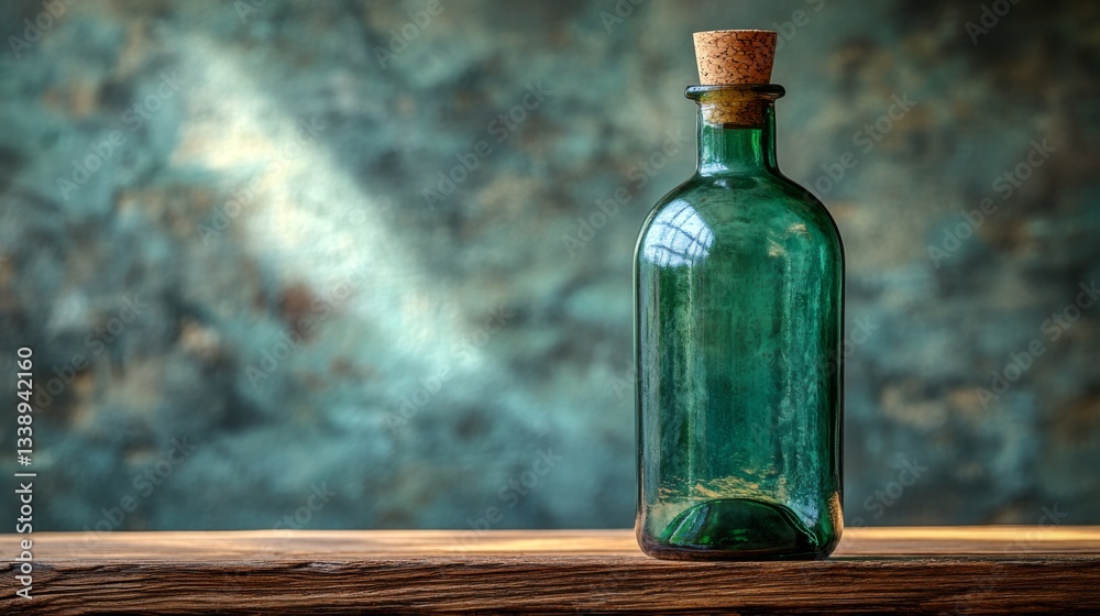 Aufkleber a green glass bottle with a cork sits on a rustic wooden table. the background features a softly lit