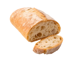 Traditional ciabatta loaf from Italy, rustic texture, crispy crust, and open crumb structure. Isolated on a white transparent background cutout, ideal for food photography, menus, and packaging