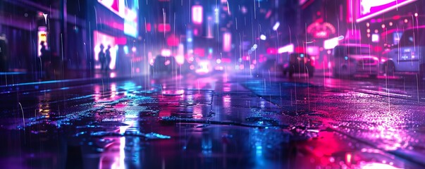 Neon-lit cyberpunk street with rain-soaked pavement, 4K illustration. © Sasha