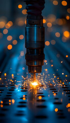 Close-up of industrial metal cutting process with sparks