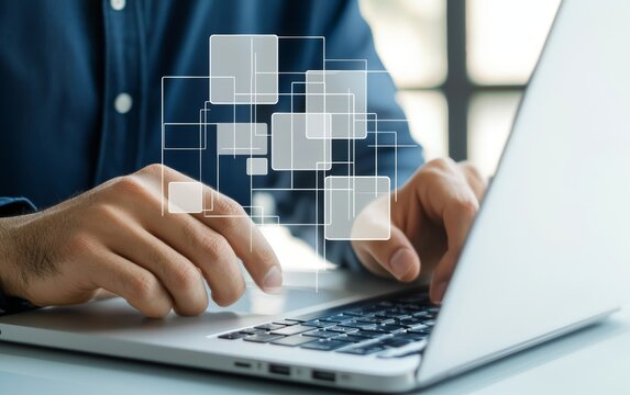 Project manager checking off key milestones on a transparent digital task list, working on a laptop, reflecting time management and structured business processes