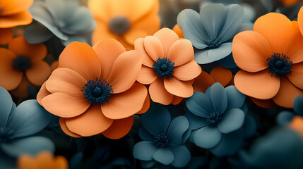 Close-up of stylized orange and blue flowers