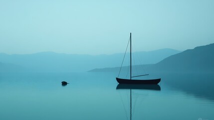 Fototapeta premium Serene sailboat lake landscape with misty mountains.