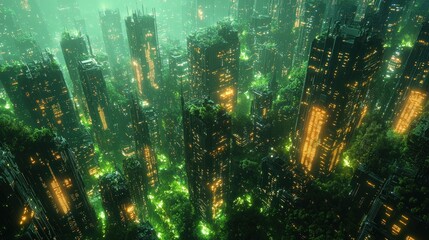 Overgrown futuristic city at night, aerial view.