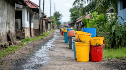 Colorful Buckets Lined on Dirt Path in Village, Tropical Environment, Rural Setting, Outdoor Scene