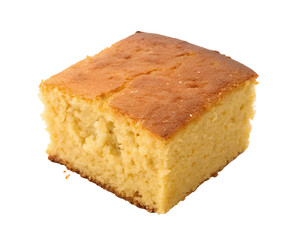Traditional American cornbread slice, golden-brown, fluffy inside with a crispy crust, isolated on a white transparent background, perfect for food menus and product presentations.
