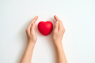 Fototapeta premium Hands protecting red heart for International Children's Day symbolizing compassion, care, love on white background evoking emotional support and highlighting child wellbeing.