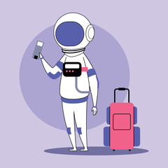 Astronaut in white and purple suit standing with smartphone in hand next to bright luggage. Futuristic concept