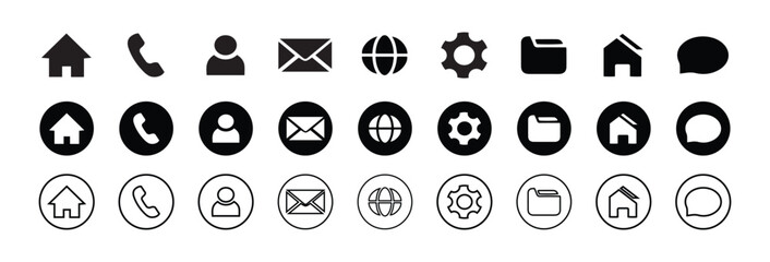 Contact information icons, vector for business card and website. Editable stroke sign pack. Contains icons - name, phone, location, website, address, mail, email, office, mobile, and chat symbol.