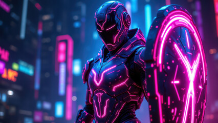 Naklejka premium Futuristic cyber armor against cityscape backdrop.
