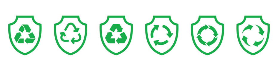 Set of shield mark on a shield. Green recycles sign print screen on brown paper for reuse reduce and recycle concept.