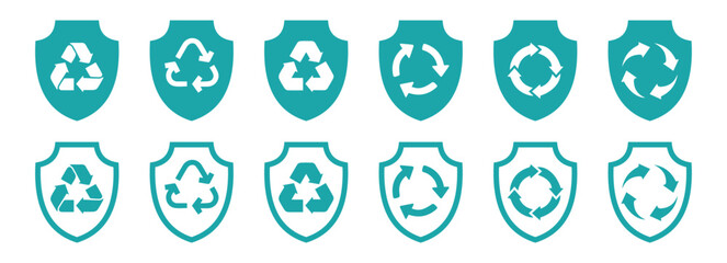 green shield icon with recycling icon inside. Solid icon that can be applied anywhere, simple, pixel perfect and modern style.