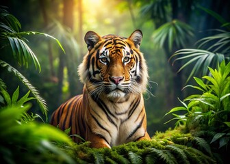 Fototapeta premium Majestic Bengal Tiger in Panoramic Jungle Habitat