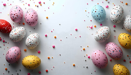 Colorful speckled Easter eggs & sprinkles border on white