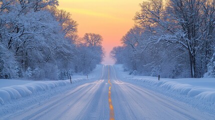 Obraz premium Serene Winter Highway Under Snowy Cover at Dusk