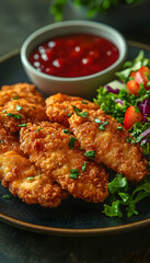 Crispy chicken tenders served with a side salad and sweet sauce