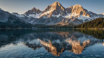 Stunning Alpine Lake with Majestic Mountain Reflection at Sunrise