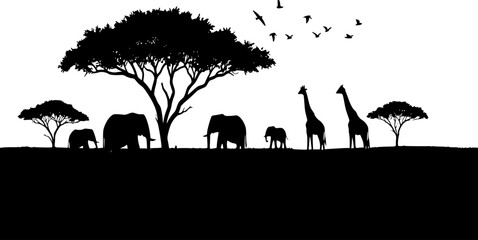 African savanna, silhouette, acacia tree, elephants, giraffe, birds in flight, grassland, black and white illustration, wildlife scene, safari landscape, minimalist design, iconic African animals, sta