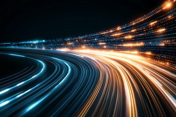 Abstract futuristic roadway with streaks of light, symbolizing rapid technology, fast data transfer, and advanced digital networks