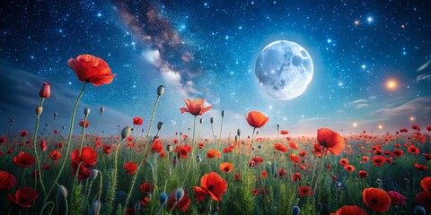Fototapeta premium Magical Night in Poppy Field: Moonlit Meadow with Stars