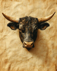 Dark-brown bull's head taxidermy mounted on aged paper backdrop