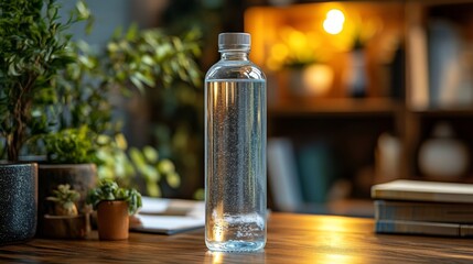 A clear sparkling water bottle stands upright on a wooden table surrounded by small plants. Soft warm lighting creates a cozy atmosphere, enhancing the calm indoor scene.