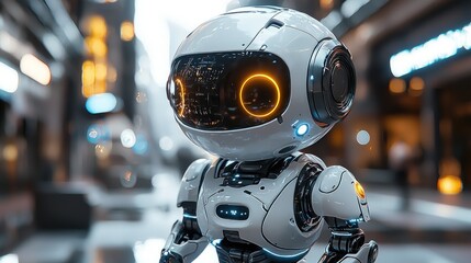 Robot with Spherical Body and Glowing Wings in Urban Setting