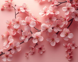 Obraz premium Delicate pink cherry blossoms arranged on a soft pink background