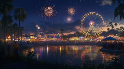 Night carnival fireworks over lagoon