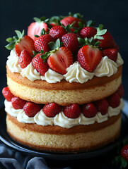 Delicious two-layered vanilla cake generously decorated with fresh strawberries and creamy frosting