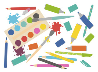 School. Kids school vector flat illustration for creativity. paints, brushes, markers and colored pencils.