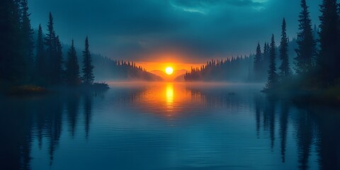 Obraz premium Mystical Dawn on Serene Lake: A breathtaking scene unfolds as the sun majestically rises over a tranquil lake, reflecting its golden hues and casting an ethereal glow on the surrounding forest.
