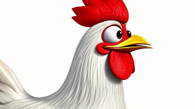 Funny rooster cartoon character moving its head and talking on a white background