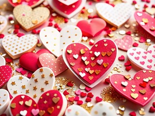 Fototapeta premium Macro Valentine's Day Paper Cut Hearts: Red, Pink, White & Gold Confetti