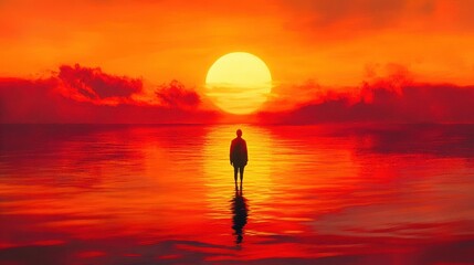 Sunset Solitude Person Silhouette Ocean Sunrise.