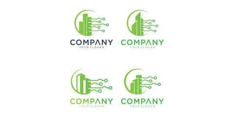 Green Pixelated Cityscape and Circuitry Logos on White Background