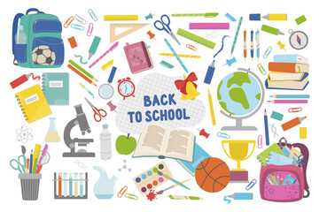 Vector kids flat collection of elements dedicated to school theme. Includes backpack, stationery, textbooks, notebooks, sports prizes and autumn leaves on white background.