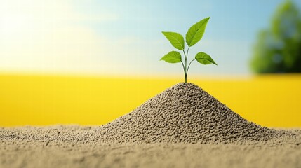 A young green plant emerging from a rich dark soil pile illuminated by natural sunlight outdoors