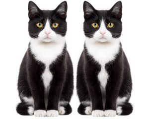Two symmetrical tuxedo cats sitting side by side, showcasing their striking black and white fur and bright eyes. Their calm demeanor adds charming touch to any setting