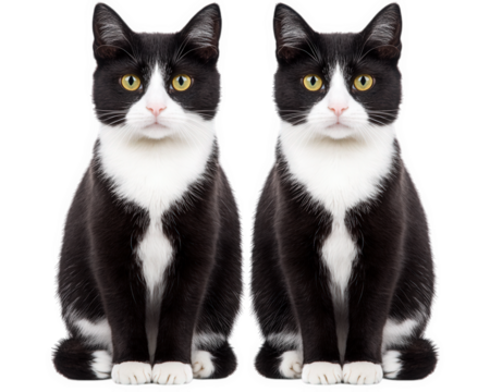 Two symmetrical tuxedo cats sitting side by side, showcasing their striking black and white fur and bright eyes. Their calm demeanor adds charming touch to any setting