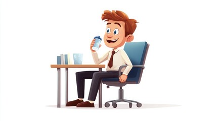 Businessman drinks water at office desk