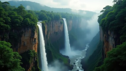 Majestic Twin Waterfalls Cascading Down Lush Green Cliffs in Misty Canyon