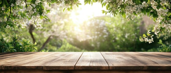 Fresh wooden table in a vibrant garden filled with blooming flowers and sunlight.
