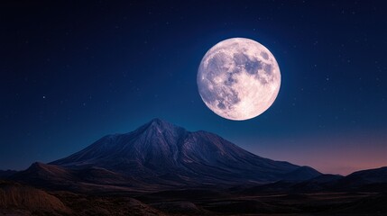 Lunar Majesty: A breathtaking view of the full moon dominating a dark night sky, casting an ethereal glow over a majestic mountain silhouette.