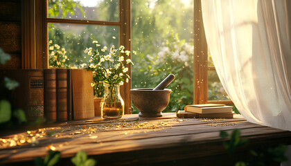 Homeopathic consultation room, featuring wooden desk with a collection of homeopathic books, a mortar and pestle with dried herbs, and a serene window view of a lush garden. Concept of herbal medicine