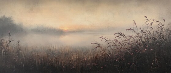 Mist gradually rises over a tranquil lake at dawn, surrounded by tall grass and soft colors.